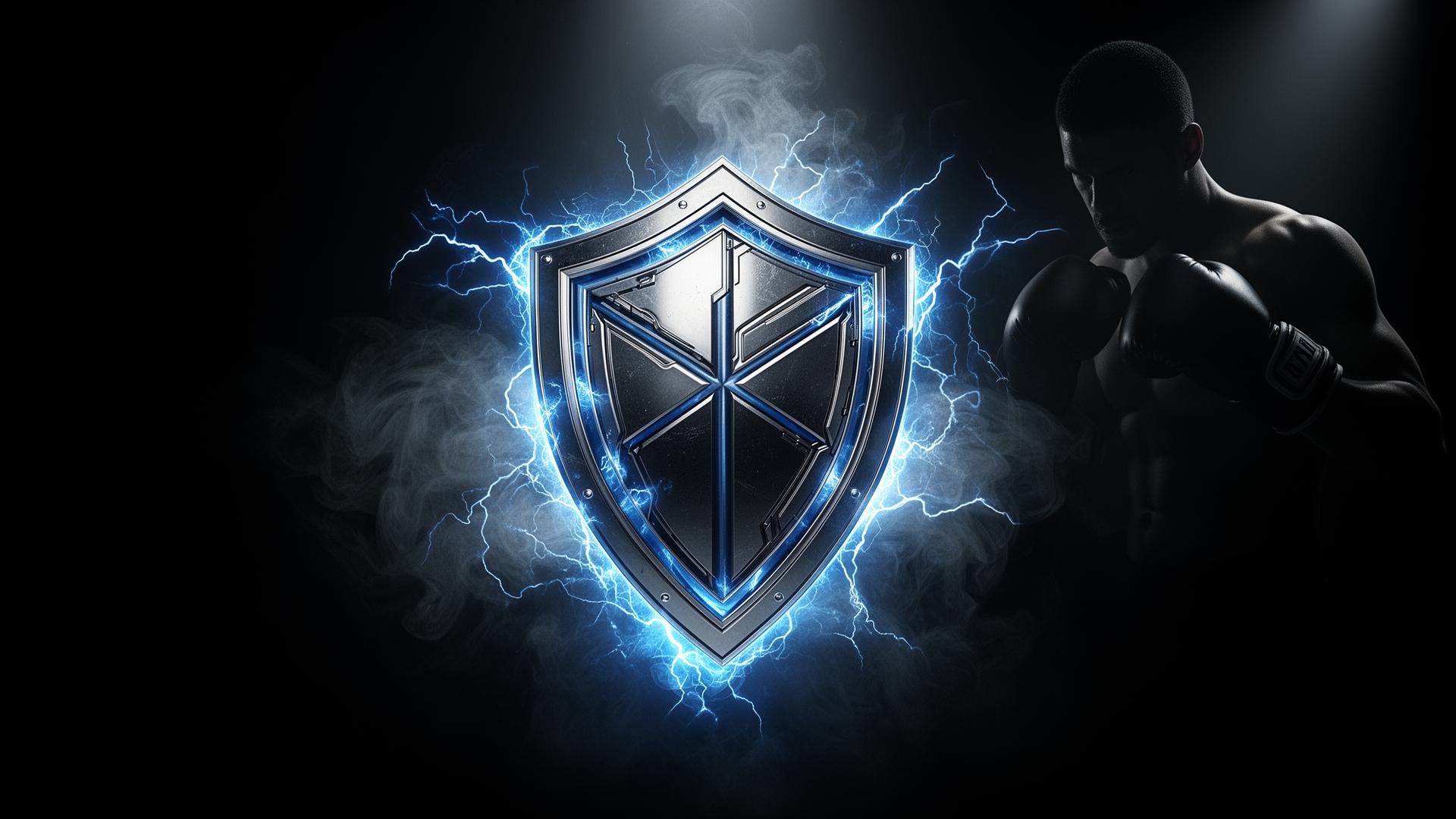 Quantum Sentinel shield emblem with electric blue energy